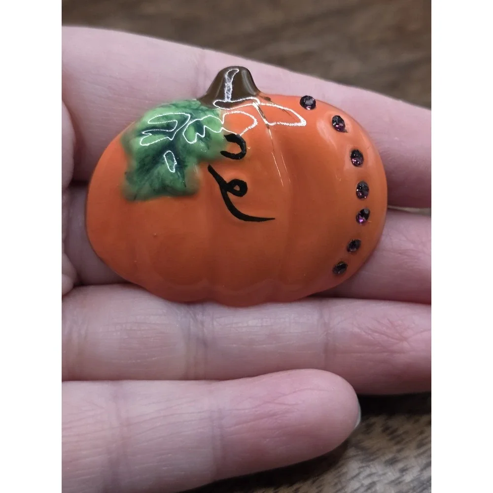 Brooch Pin Halloween Orange Pumpkin Ceramic